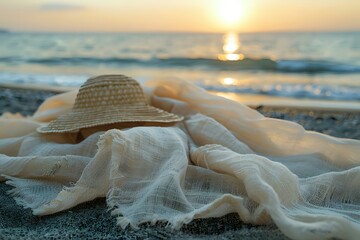 Straw hat and soft fabric on the beach at sunset, perfect for travel blogs, summer-themed designs, and lifestyle imagery. Ideal for capturing the essence of relaxation and vacation vibes.