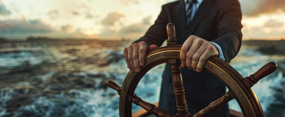 Businessman hands on ship's wheel, navigating through rough seas concept of leadership and marketing strategy business man in suit standing at the helm steering boat on blurred background