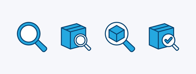 Set of search or find package, parcel icon. Containing magnifying glass, magnifier with cardboard box, loupe with product and check mark. Vector illustration