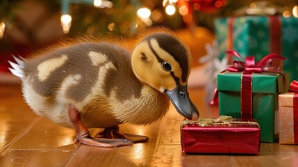 Poster - Duckling Curious About Christmas Gifts