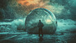 © Mehran - A man is confidently inside a dome that is protecting him from a wrecking ball during a storm. The dome represents protection and safety.