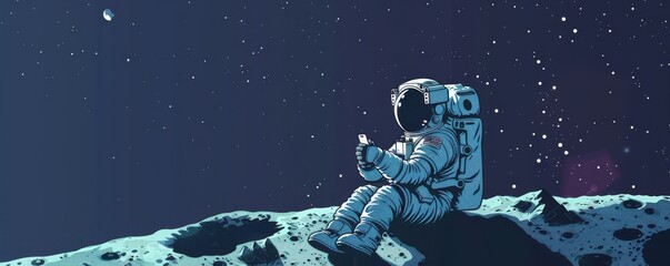 Wall Mural - An astronaut sits on an alien planet, using a mobile phone, surrounded by a stunning space backdrop with planets and stars. Illustration.