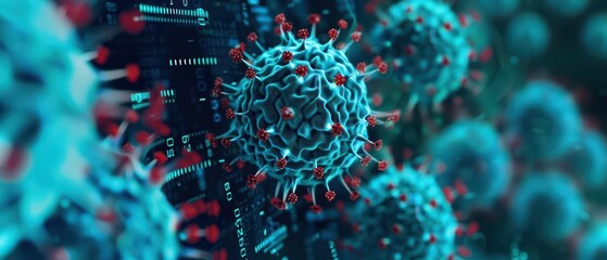 Poster - A digital landscape showing virus symbols and encrypted codes, cyber, with copy space