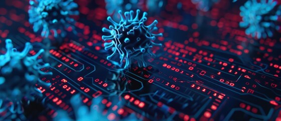 Poster - A digital landscape showing virus symbols and encrypted codes, cyber, with copy space