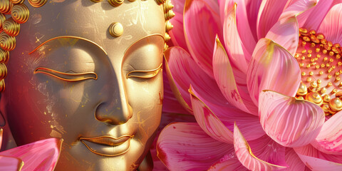 Sticker - A golden Buddha face with pink lotus flower petals on the background