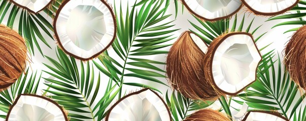Wall Mural - A tropical scene with palm trees and coconuts. The coconuts are shown in various stages of ripeness, with some still green and others already ripe. Free copy space for text.