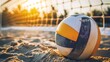 © RMedia - Beach Volleyball. Game ball under sunlight and blue sky.