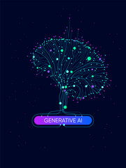Fototapete - Illustration of Ai Brain with LLM, dot and line. Big data, technology, AI, data transfer, data flow, large language model, generative ai concept
