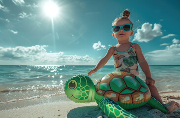 Wall Mural - A little girl in sunglasses and swimming suit stands on the beach with an inflatable turtle, holding her toy seashell