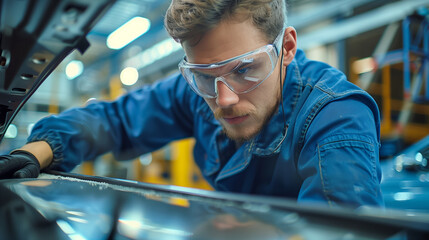 Sticker - A photo of an auto mechanic in blue overalls and safety glasses, working on the glass window from inside a car workshop with white walls