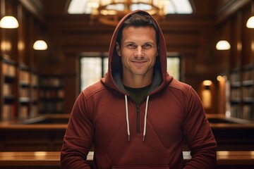 Wall Mural - Portrait of a grinning man in his 40s wearing a zip-up fleece hoodie while standing against classic library interior