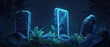 © JK_kyoto - Bioluminescent plants illuminate graves, merging nature with advanced bioengineering to create a serene and hightech resting place, with copy space