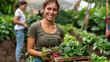 © ifoto - happy woman holding a wooden box of greens