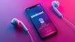 © inthasone - Earphones and mobile phones with podcast apps on the screen. Broadcast media music banner with copy space.