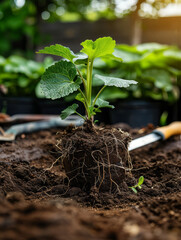 Wall Mural - A seedling freshly planted in the soil in a garden