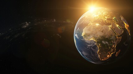 move around. realistic earth with sun flares around africa, asia, australia, europa