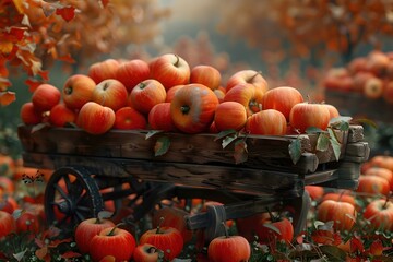 Wall Mural - Abundant Harvest of Crisp Apples and Plump Pumpkins in Rustic Country Setting