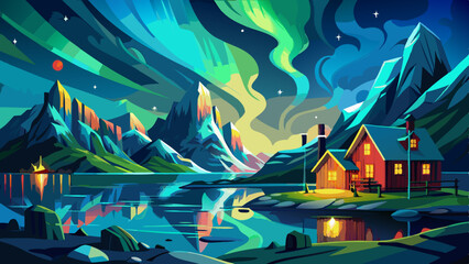 Wall Mural - Aurora borealis and young woman at the top of the mountain at night. Landscape with polar lights.