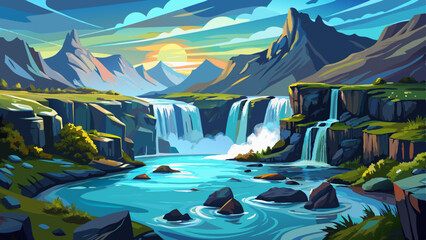 Wall Mural - Majestic scenery of Waterfall flowing from a colorful sky at sunset.