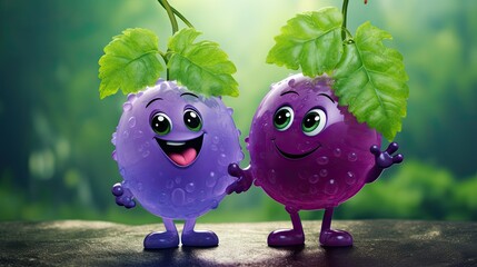 Poster - Two cute happy purple glass grape characters holding hands