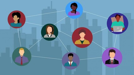 Aufkleber - Illustration, city and people with connection for call center, consultation, and communication. Abstract, network and clients for customer support or service graphic, crm advisor and telemarketing