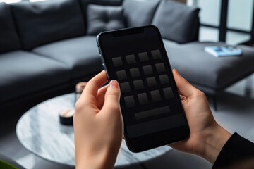 close-up hand using phone showing white screen in living room
