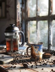 Artfully Arranged Still Life with Weathered Ceramic Mug Steaming French Press and Fresh Coffee Beans