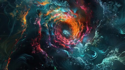 Wall Mural - abstract digital artwork featuring intricate evolving patterns emerging from a dark void vibrant col