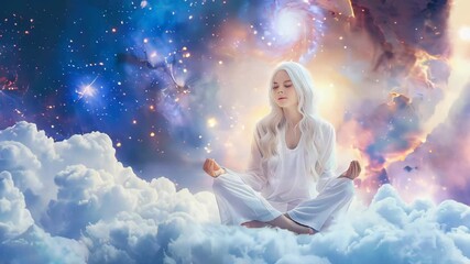 Wall Mural - A beautiful young woman meditating on clouds