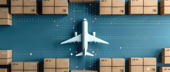 Top view of cargo plane surrounded by shipping boxes, representing global logistics, transportation, and ecommerce shipping.