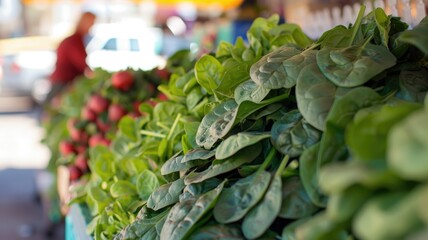 Wall Mural - Fresh spinach and radishes displayed at outdoor market stall