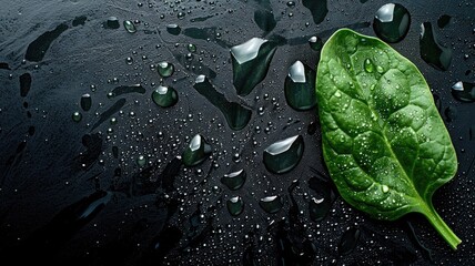Canvas Print - Fresh green spinach leaf with water droplets on dark surface