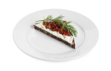 Wall Mural - Delicious bruschetta with fresh ricotta (cream cheese), dill and sun-dried tomatoes isolated on white