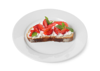 Wall Mural - Delicious bruschetta with fresh ricotta (cream cheese), strawberry and mint isolated on white