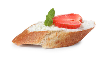 Wall Mural - Delicious bruschetta with fresh ricotta (cream cheese), strawberry and mint isolated on white
