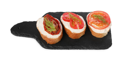 Wall Mural - Delicious bruschettas with ricotta cheese, dill, fresh and sun dried tomatoes isolated on white