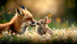 © pisan - Playful Tension Red Fox and Pet Rabbit in a Meadow of Wildflowers, Adorable Wildlife Photography, Nature's Unlikely Friendship, Animals Interacting, Cute Animal Moments