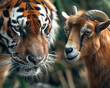 © pisan - Tiger and Goat Face Off in the Jungle A Striking Contrast of Power and Innocence, Wildlife Photography, Animal Encounter, Nature's Balance, Predator vs Prey, Jungle Scene, Wild Animals, Tiger, Goat,