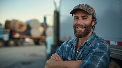 Confident bearded truck driver in a plaid shirt standing in front of his truck