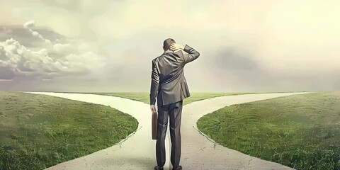 Stressed businessman at crossroads holding head under bright sky and green grass background decision-making and career path concept