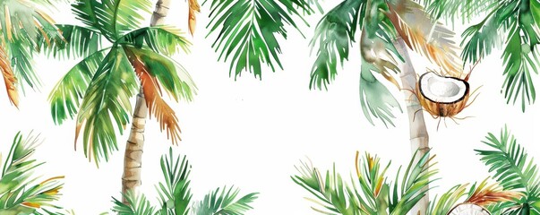 Watercolor vector pattern of coconut palms and nuts. Tropical design with an exotic touch, suitable for summer projects and decorations.