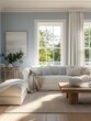 © Onizuka - Bright and Airy Hamptons Style Living Room with Pale Blue Walls and Light Linen Furnishings