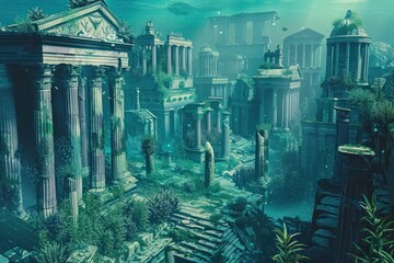 Wall Mural - Artistic render of a sunken city underwater with coral growing over classical architecture, in serene blues and greens.