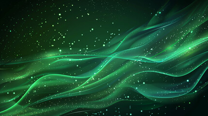 Wall Mural - Abstract green glowing light background with wave and stars, glowing line vector illustration design for your banner