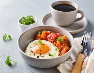 Wall Mural - Delicious fried egg with mashed tomatoes and vegetables served in grey ceramic bowl with black coffee for an healthy breakfast
