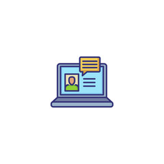 Poster - Online consulting line icon. Operator and speech bubble on laptop screen. Internet technology concept. Can be used for topics like customer support, webinar, online conference