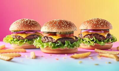 Wall Mural - Gourmet Burgers with Truffle Fries, Cut Out on Gradient Background