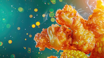 Wall Mural - Close-up of crispy fried seafood and corn against vibrant background