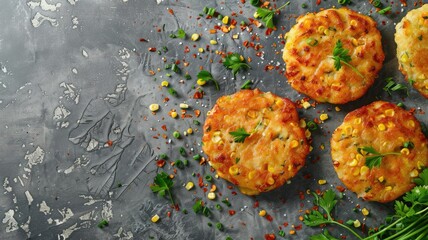 Wall Mural - Appetizing corn fritters garnished with parsley on textured surface