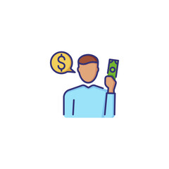 Poster - Thinking about money line icon. Man holding banknote and speech bubble with dollar sign. Business planning concept. Can be used for topics like money making, generating idea, financial occupation